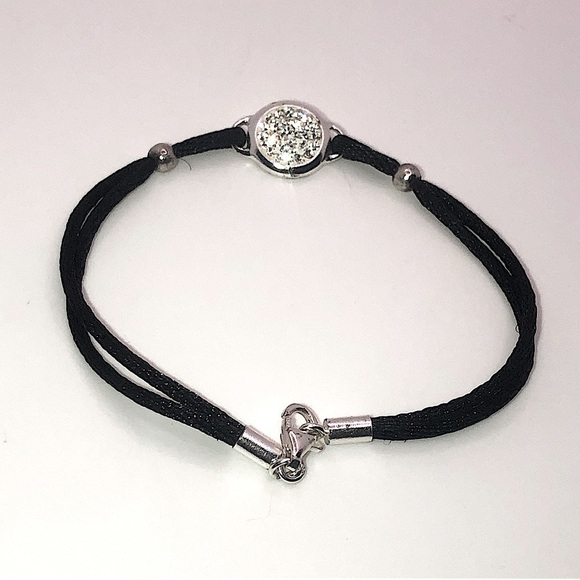 STERLING Silver & CZ Black Cord Bracelet 7” - Vintage - Picture 3 of 9